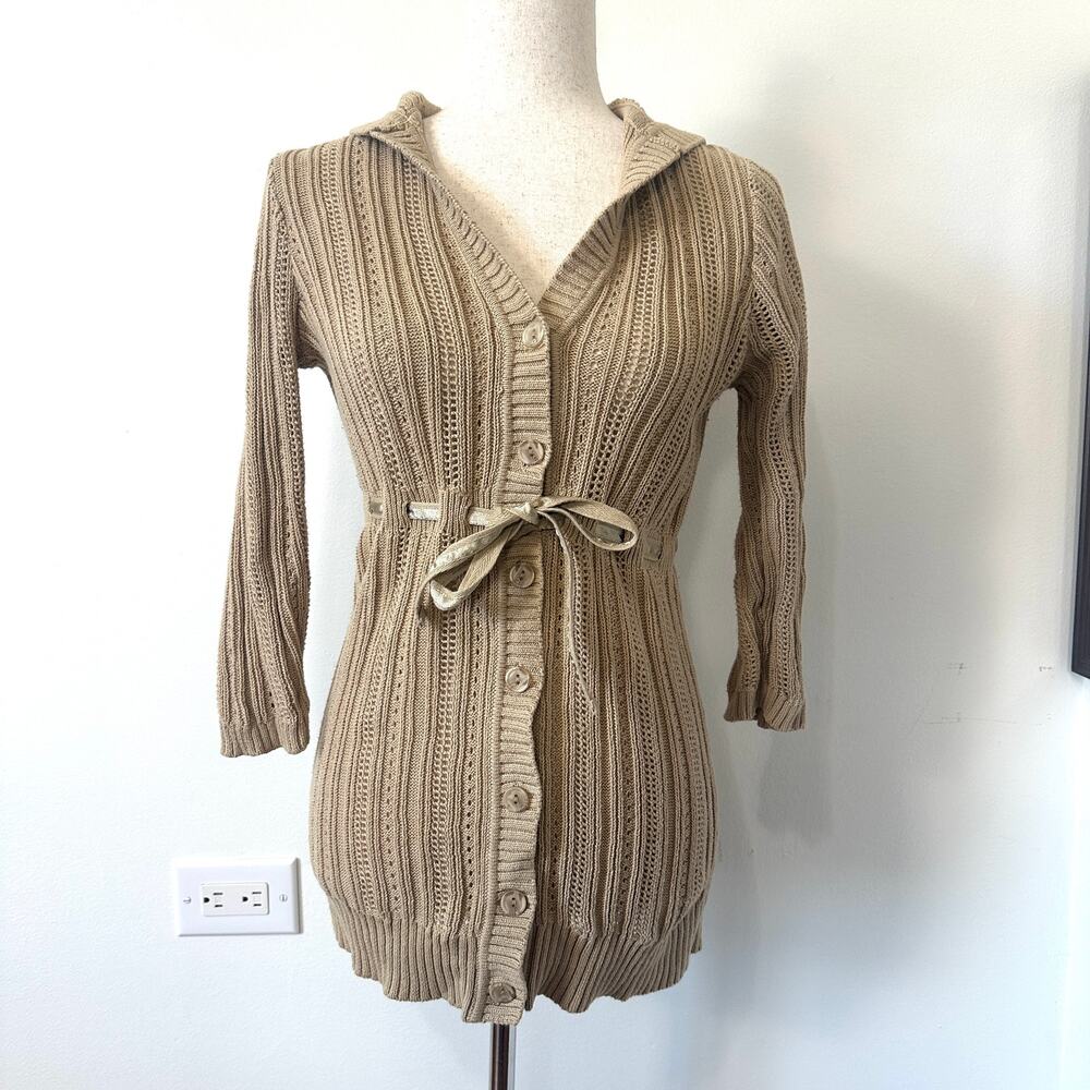 Motherhood Maternity Hooded Knit Sweater Small Tie Waist Neutral Cozy Minimalist